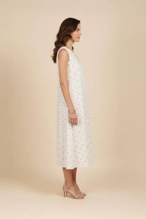 Ivory floral midi dress with sleeveless round neckline and pink floral print