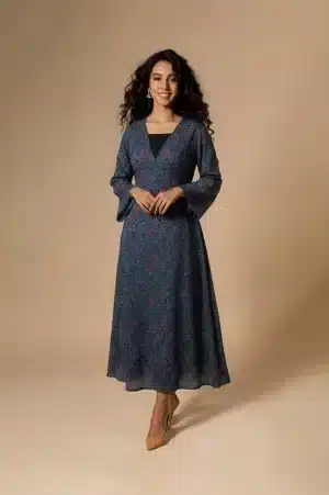 Blue floral Ajrakh maxi dress, full-length front view