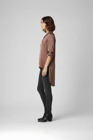 Two Tone Satin Shirt in Orange and Brown with High Low Hem