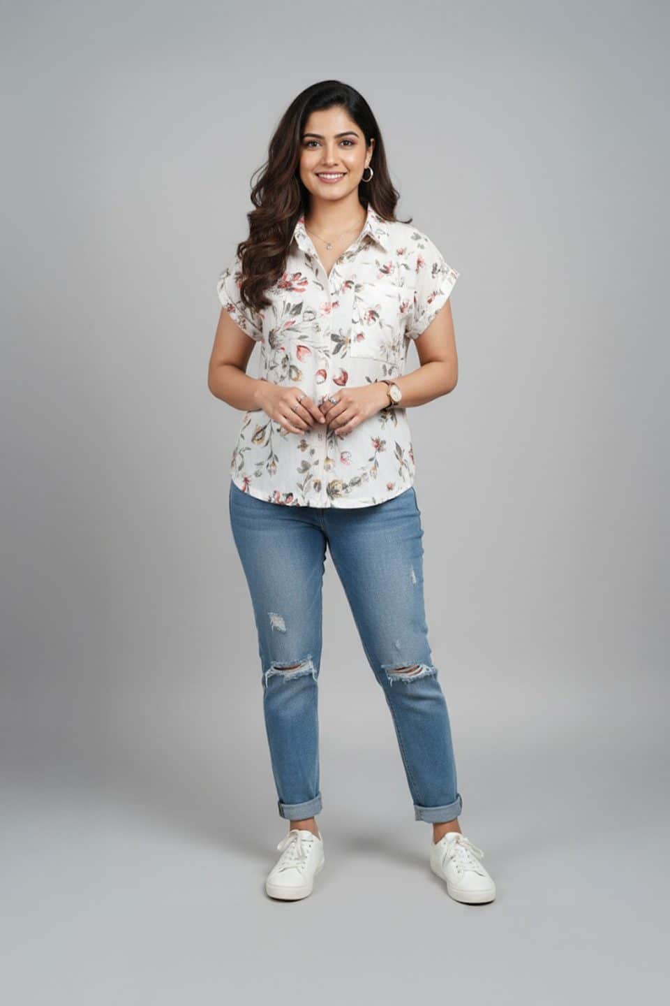 Cream Floral Print Casual Shirt Top for Women