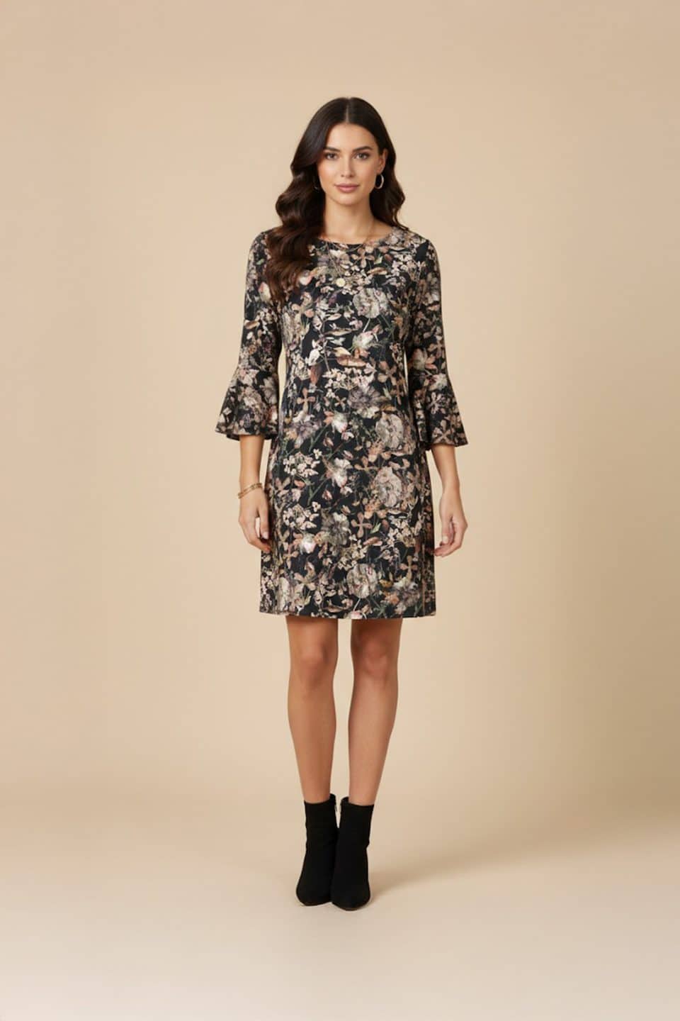 Black Botanical Print Shift Dress with Bell Sleeves