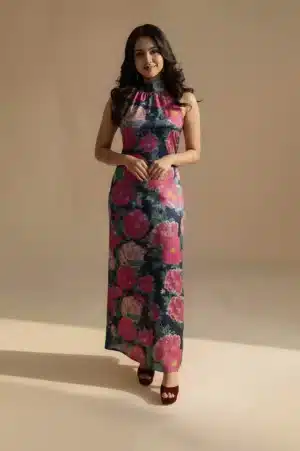 Navy floral maxi dress, full-length front view