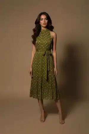 Olive green Bandhani midi dress, full-length front view