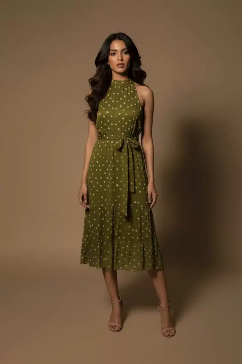 Olive Green Bandhini Midi Dress
