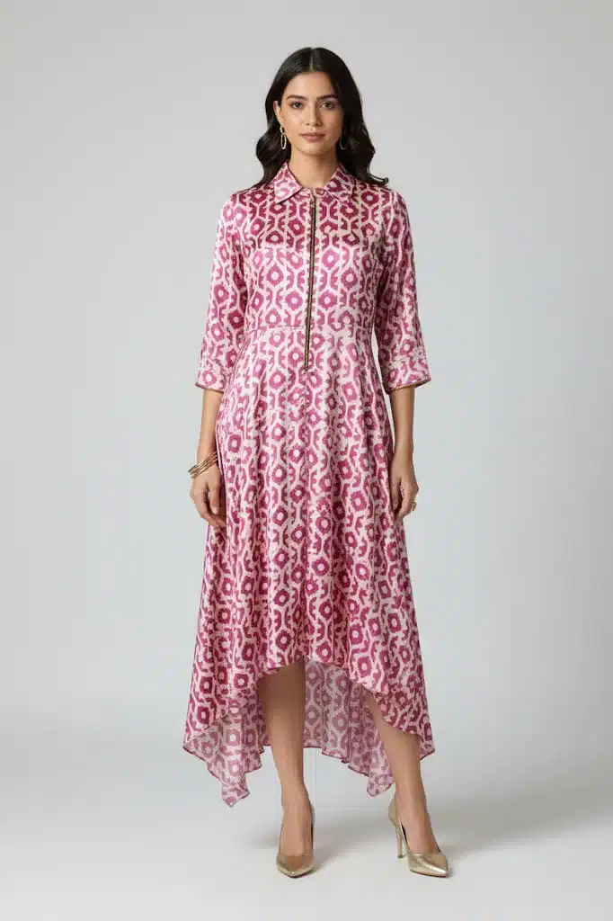 Pink Ikat Print High-Low Dress for Women
