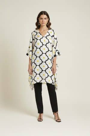 Black and white floral satin kaftan with yellow accents, front view