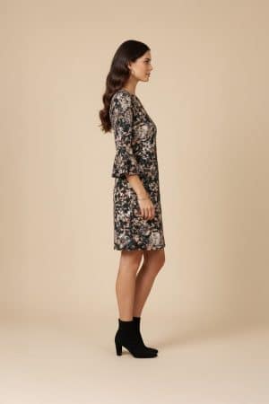 Black floral shift dress with round neckline and three-quarter bell sleeves