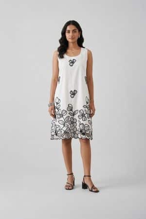 Ivory sleeveless A-line dress with black floral embroidery, front view