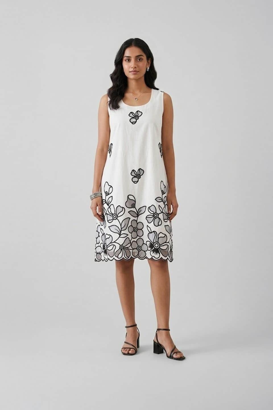 Ivory Floral Embroidered Sleeveless Dress