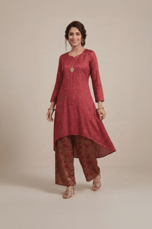 Maroon Indo Western set with asymmetric kurta and printed palazzo