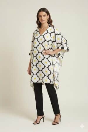 Black and white floral satin kaftan with yellow accents