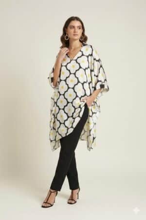 Black and white floral satin kaftan with yellow accents
