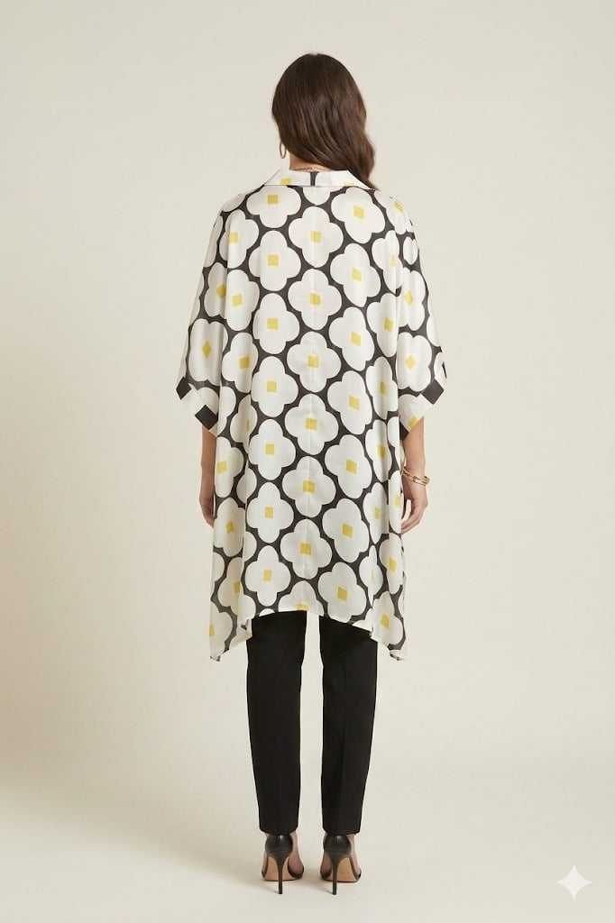 Black and white floral satin kaftan with yellow accents
