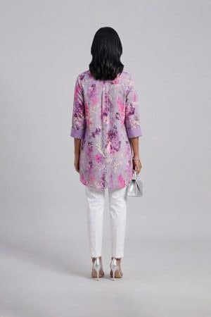Lavender printed kurta set with white pants for women