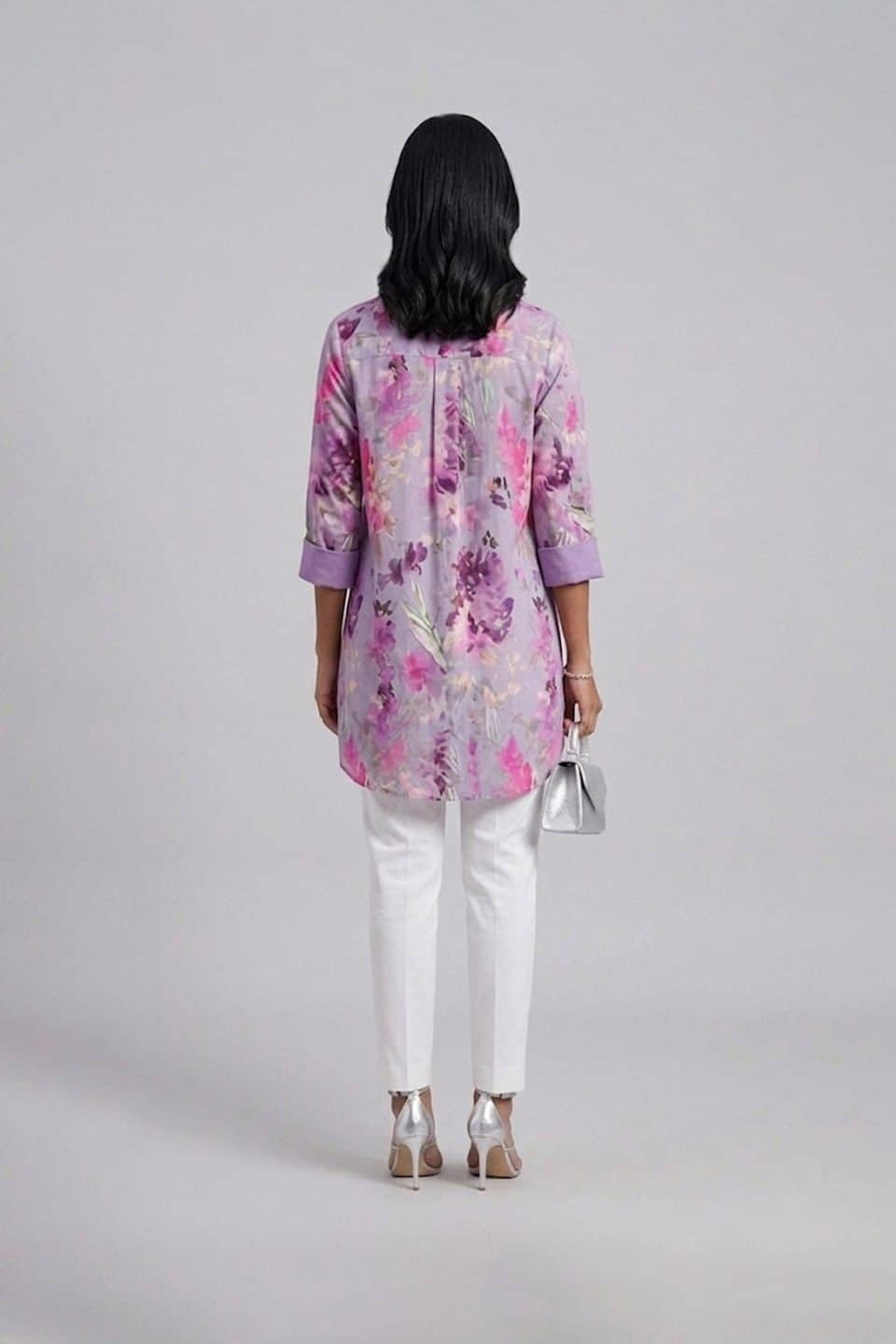 Lavender printed kurta set with white pants for women