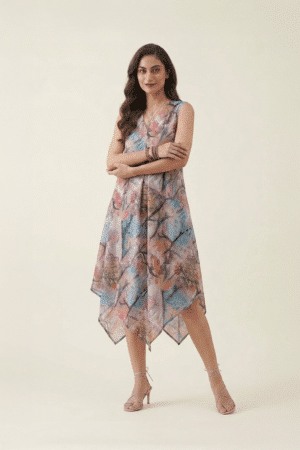 Pastel abstract handkerchief midi dress, full-length front view