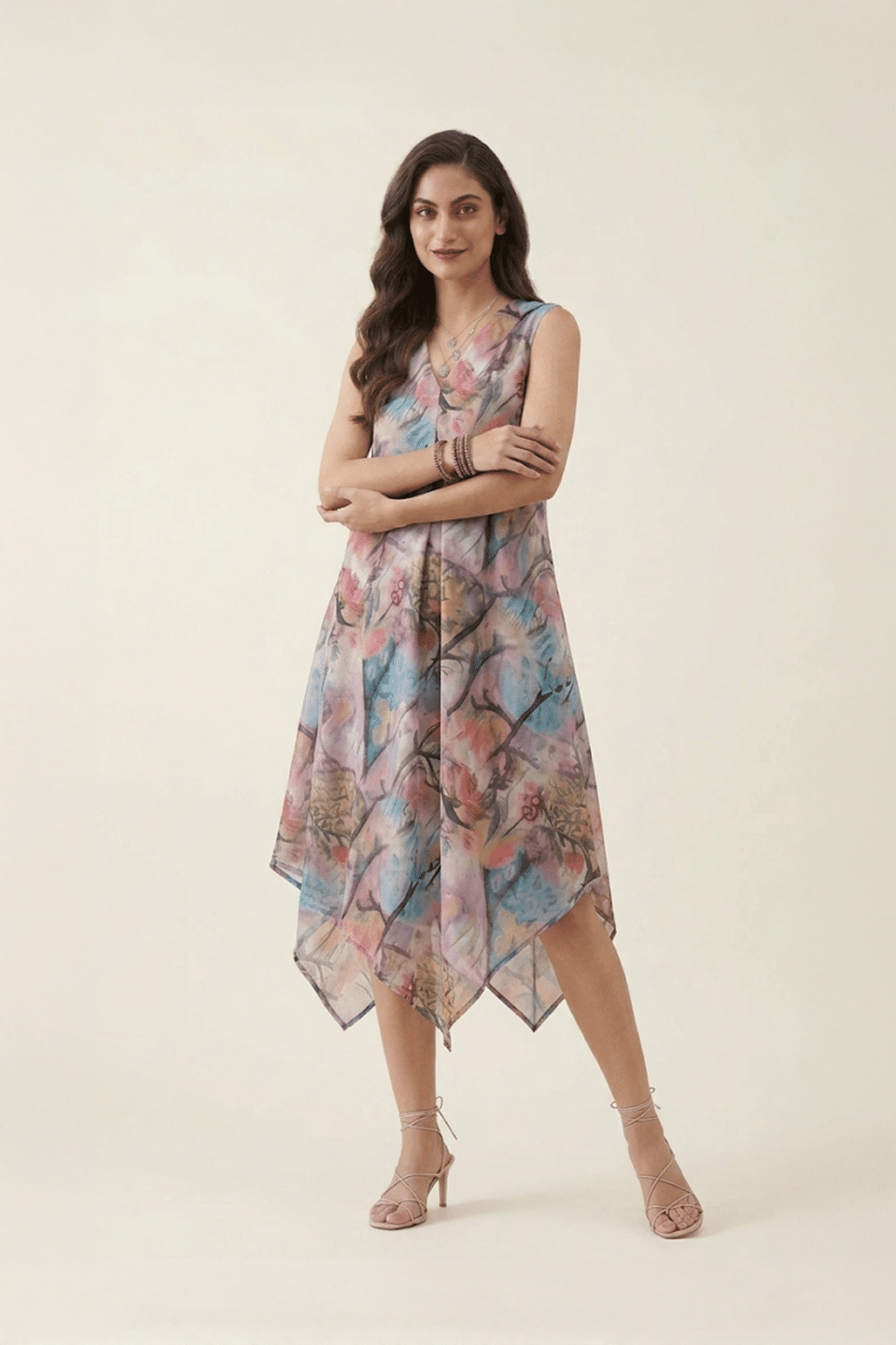 Pastel abstract handkerchief midi dress, full-length front view
