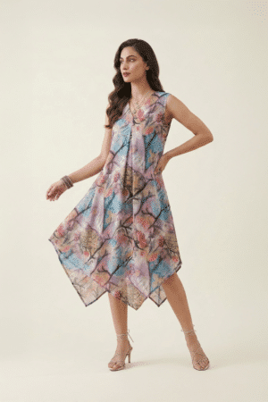 Pastel abstract handkerchief midi dress, three-quarter pose