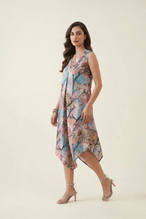 Pastel abstract handkerchief midi dress, front view