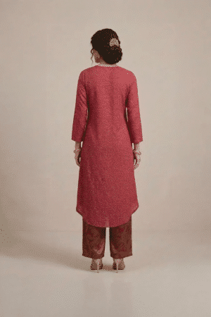 Maroon Indo Western set with asymmetric kurta and printed palazzo
