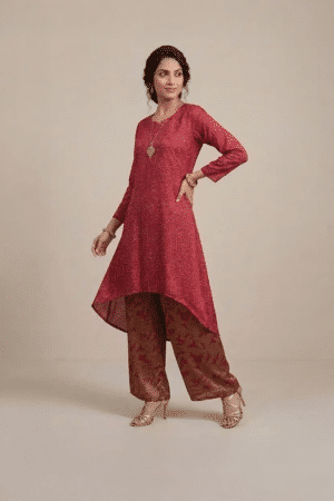 Maroon Indo Western set with asymmetric kurta and printed palazzo