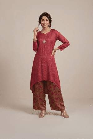 Maroon Indo Western set with asymmetric kurta and printed palazzo