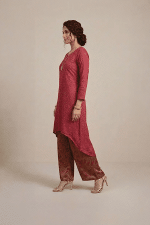 Maroon Indo Western set with asymmetric kurta and printed palazzo