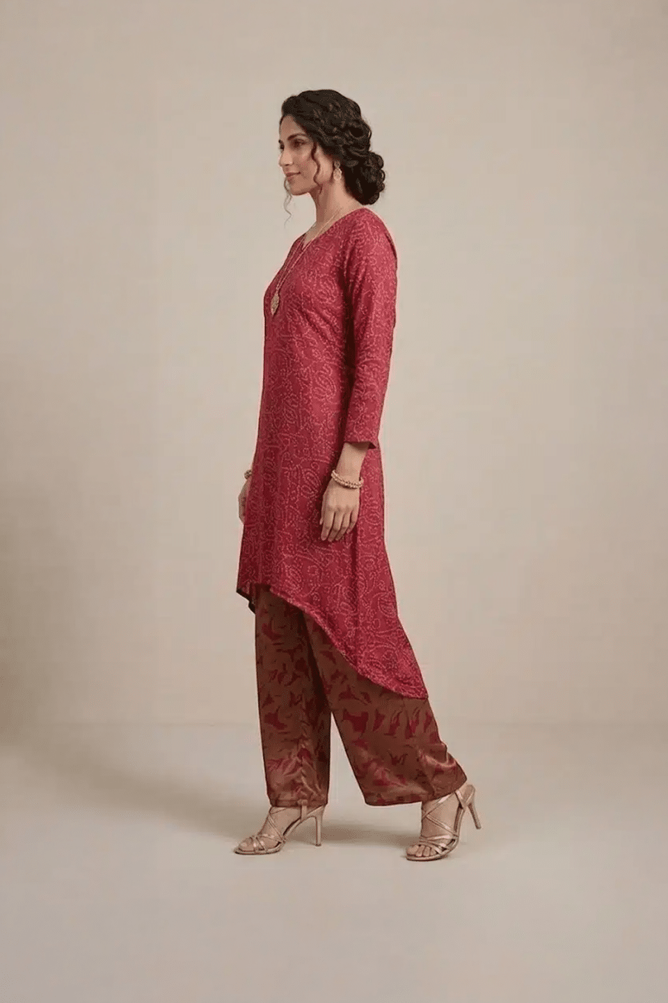 Maroon Indo Western set with asymmetric kurta and printed palazzo