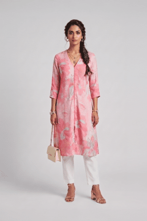 Pink floral V neck dress for women by Ivory by Radhika