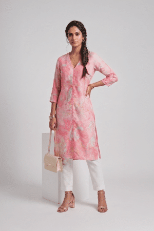 Pink floral V neck dress for women by Ivory by Radhika