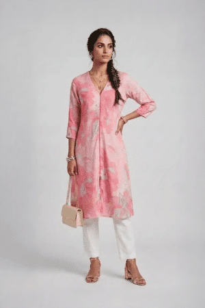 Pink floral V neck dress for women by Ivory by Radhika