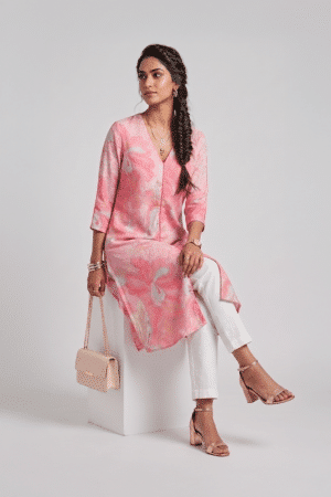 Pink floral V neck dress for women by Ivory by Radhika