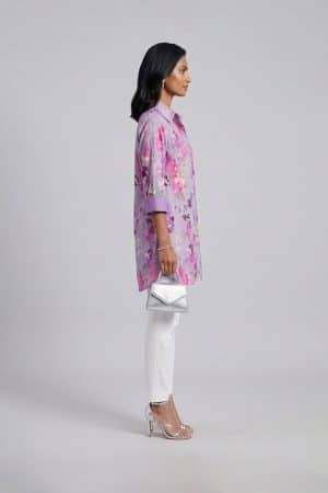 Lavender printed kurta set with white pants for women