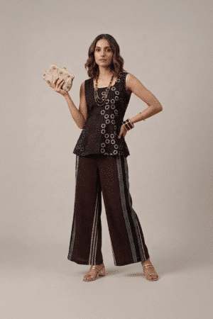Black Indo Western set with printed sleeveless top and striped palazzo