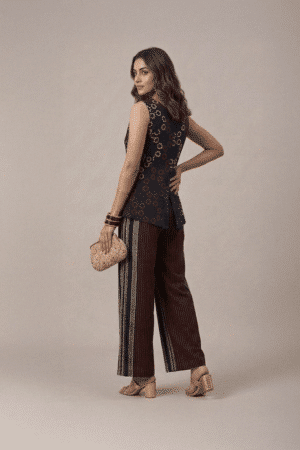 Black Indo Western set with printed sleeveless top and striped palazzo