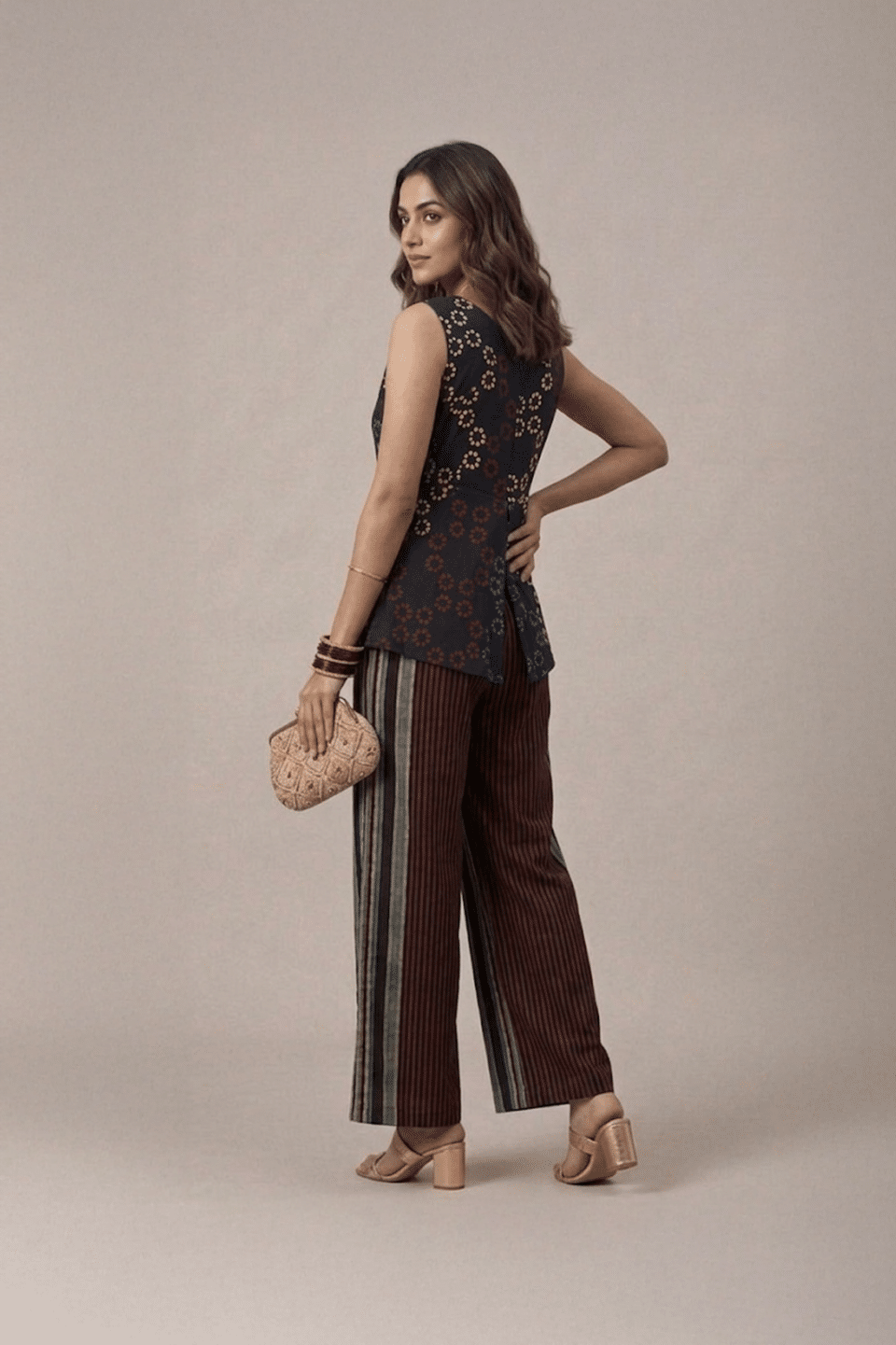 Black Indo Western set with printed sleeveless top and striped palazzo