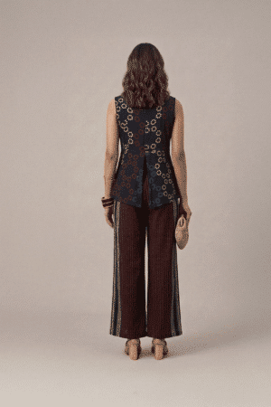 Black Indo Western set with printed sleeveless top and striped palazzo
