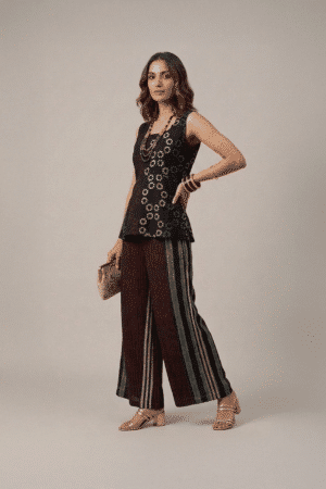 Black Indo Western set with printed sleeveless top and striped palazzo