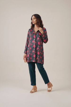 Floral printed shirt dress with botanical pattern and relaxed tunic silhouette