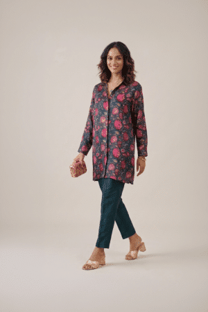 Floral printed shirt dress with botanical pattern and relaxed tunic silhouette