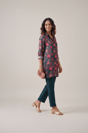 Floral printed shirt dress with botanical pattern and relaxed tunic silhouette