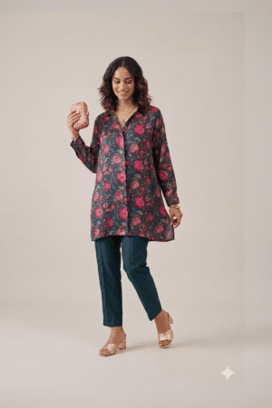 Floral printed shirt dress with botanical pattern and relaxed tunic silhouette
