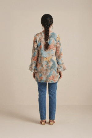 Floral printed kurta with multicolor design and V neckline
