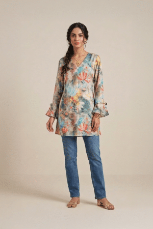 Floral printed kurta with multicolor design and V neckline