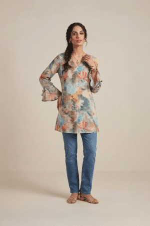 Floral printed kurta with multicolor design and V neckline