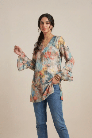 Floral printed kurta with multicolor design and V neckline