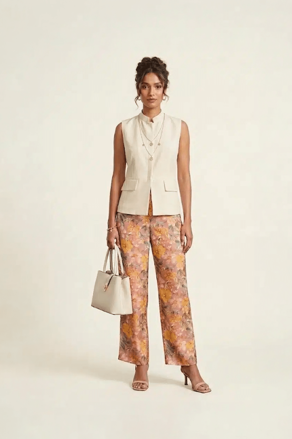 Floral Wide-Leg Pants with Sleeveless Jacket Set