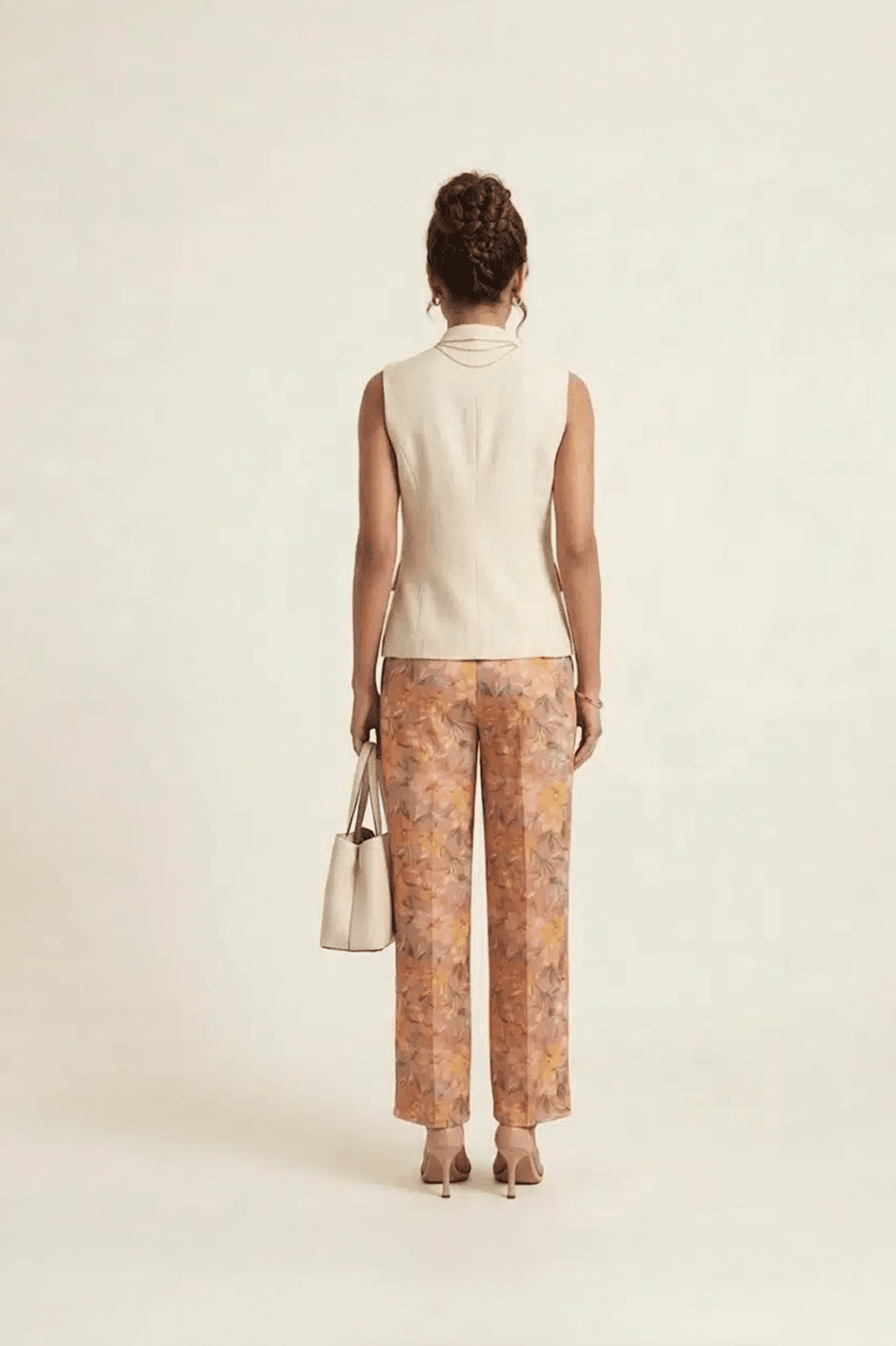 floral wide leg pants with sleeveless beige jacket set for women