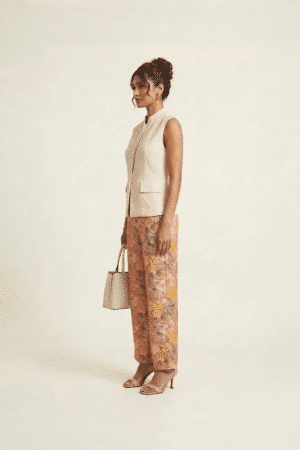 floral wide leg pants with sleeveless beige jacket set for women