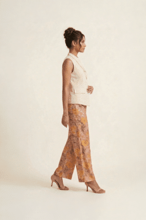 floral wide leg pants with sleeveless beige jacket set for women